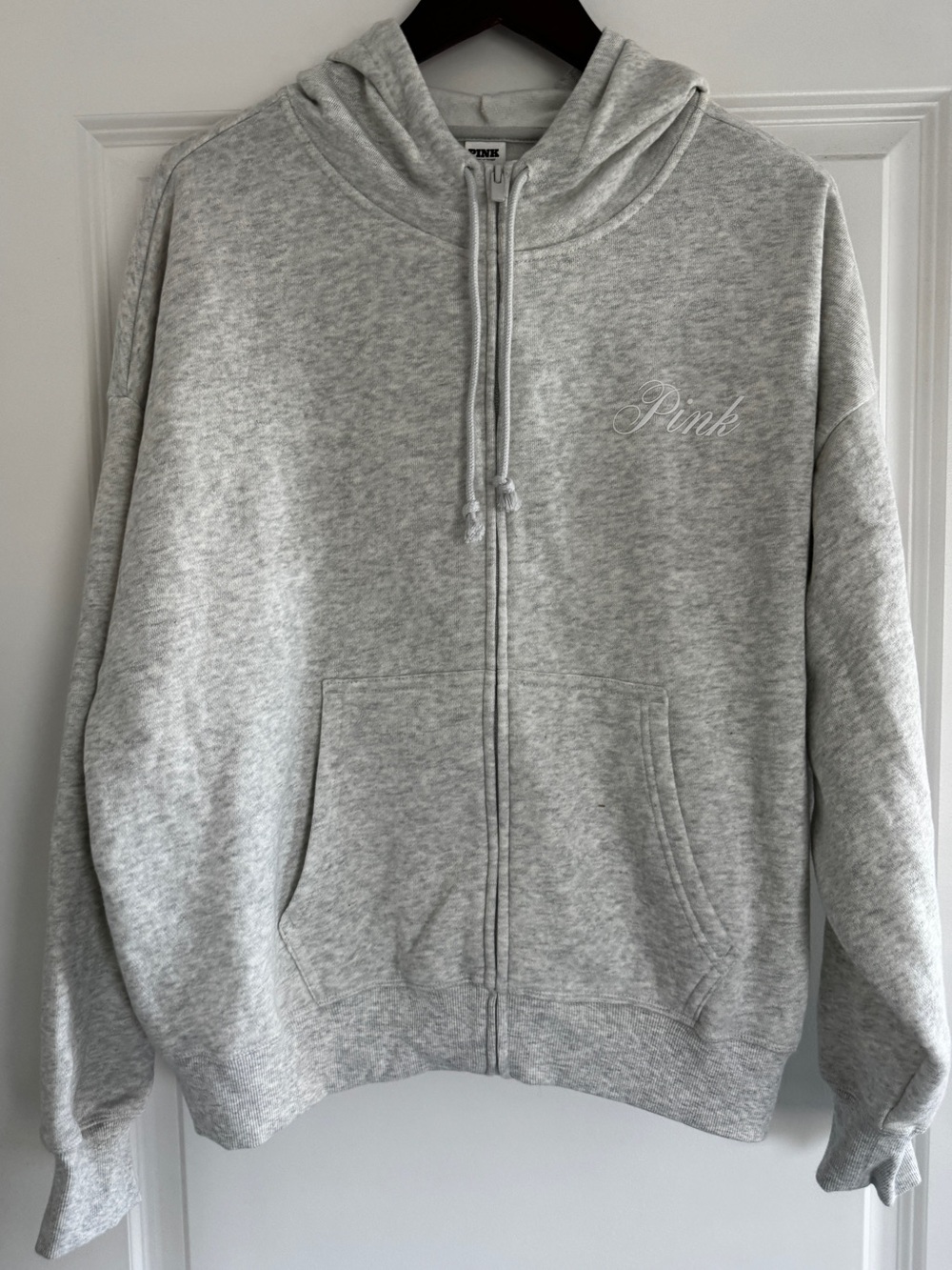 New V.S. PINK White Italicized Logo Drawstring Full Zip L Hoodie